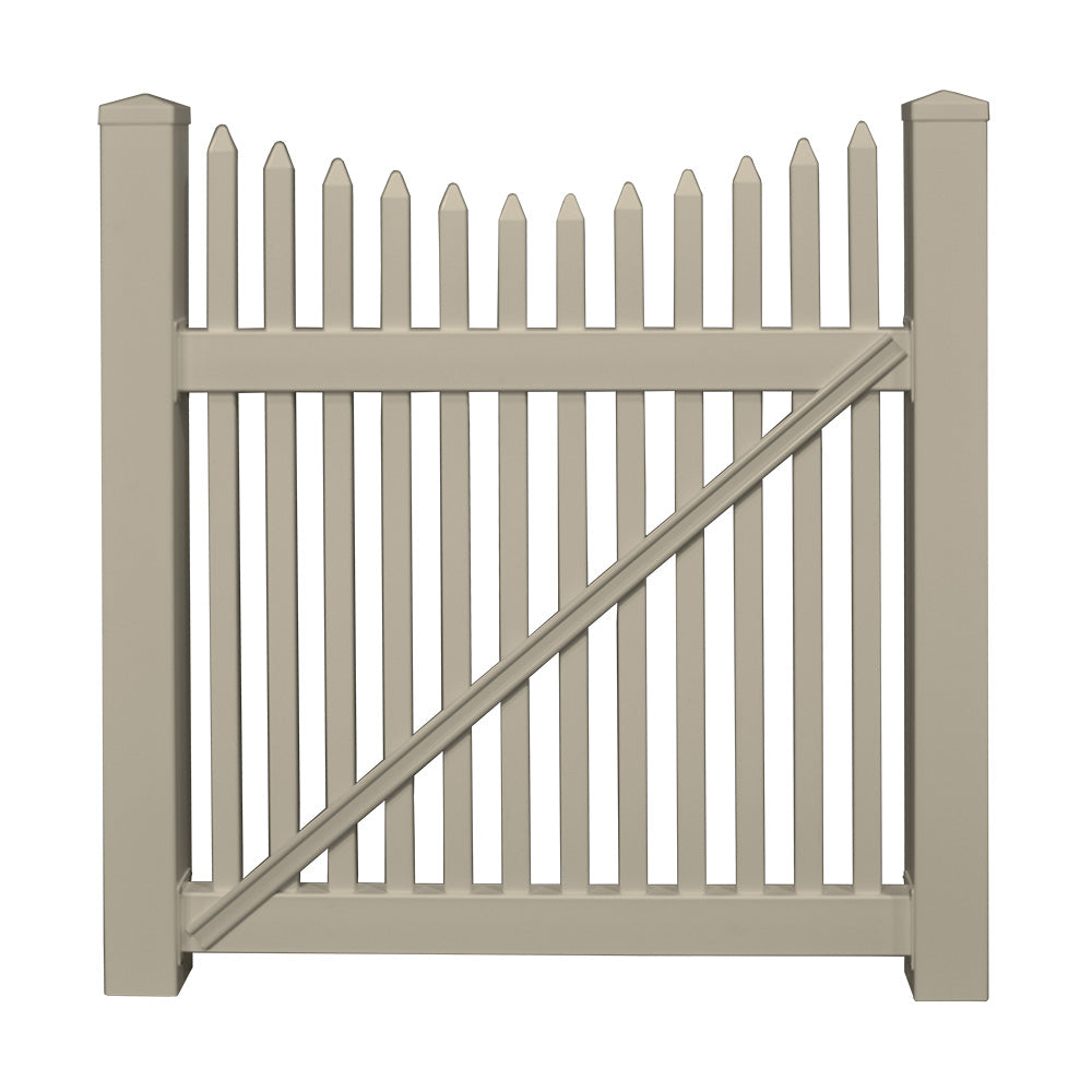 Khaki Barrington vinyl picket fencing gate stock image