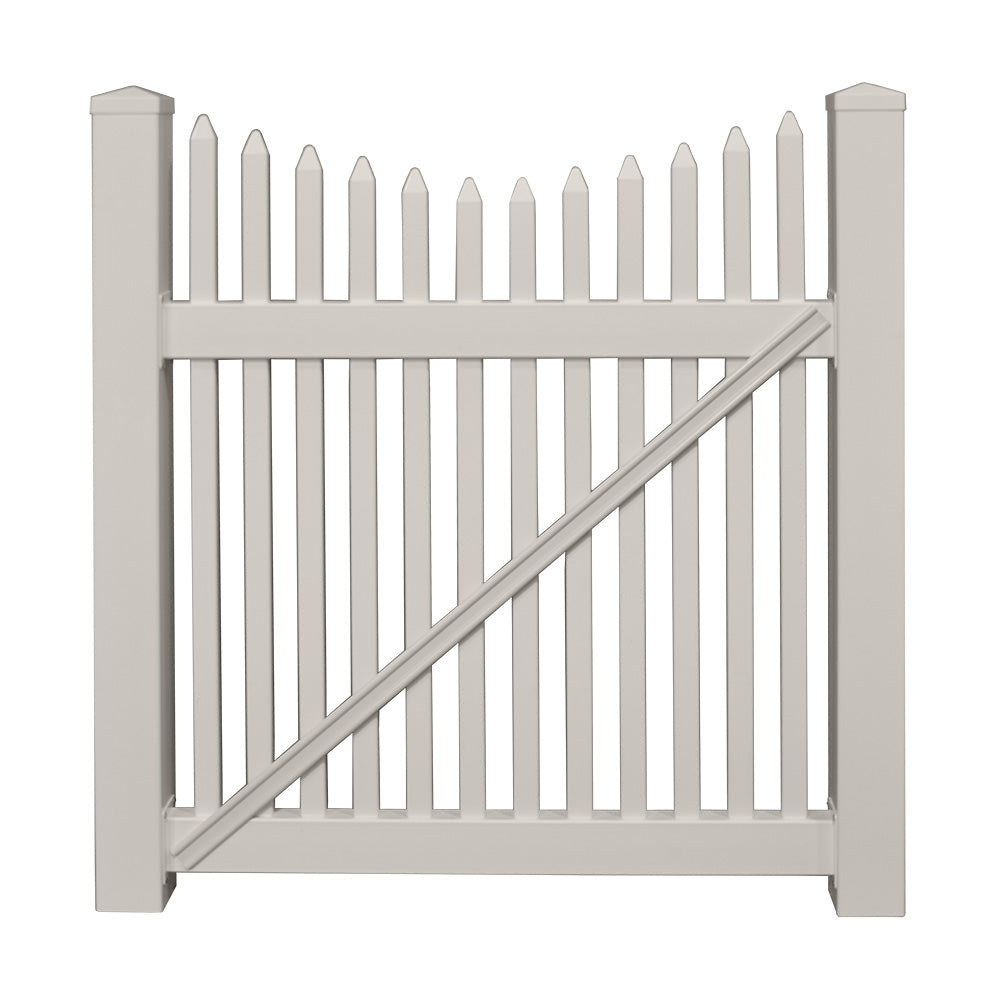 Tan Barrington vinyl picket fencing gate stock image