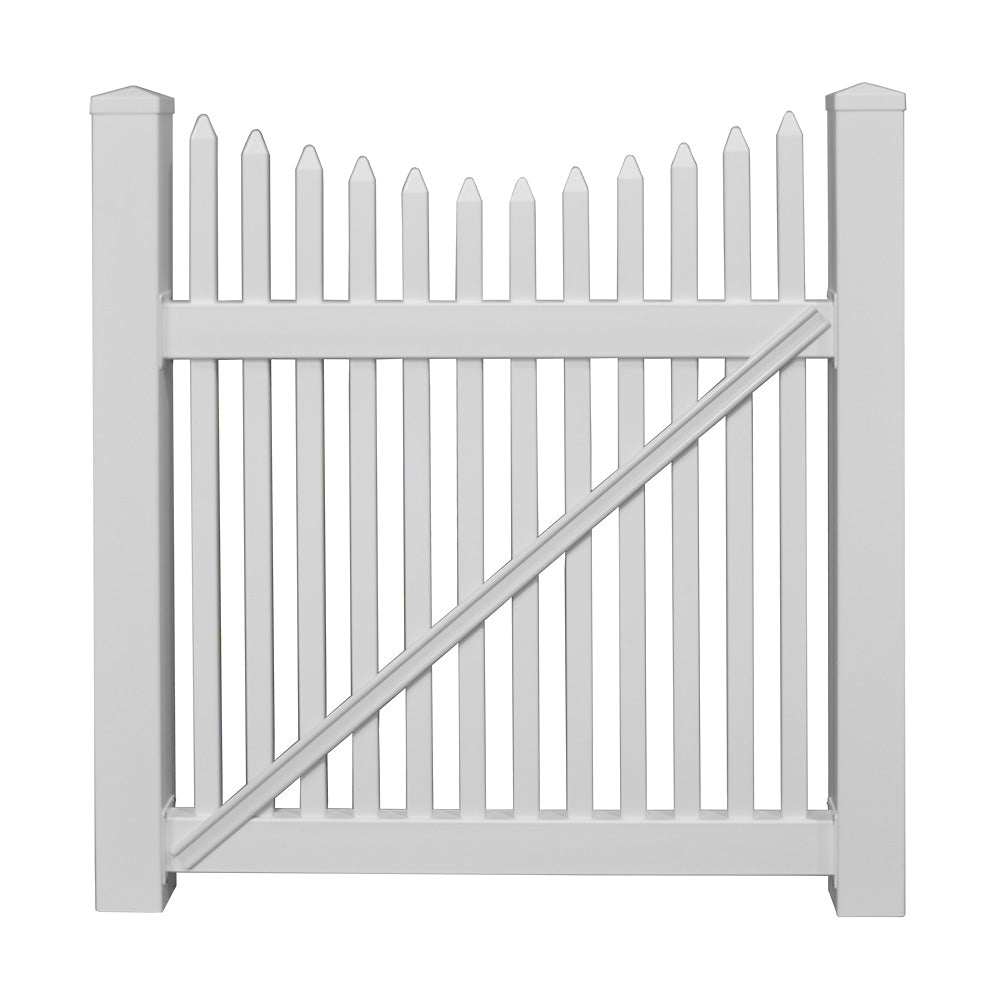 White Barrington vinyl picket fencing gate stock image