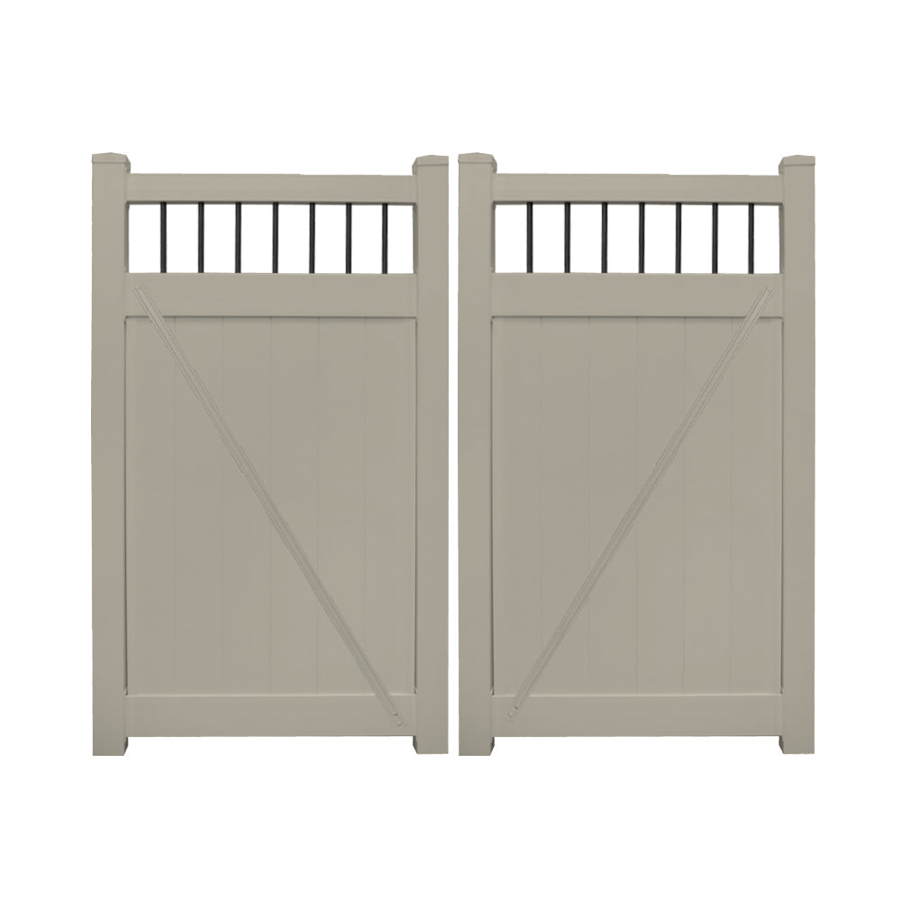 Khaki Bradford vinyl privacy fencing double gate stock image