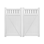White Bradford vinyl privacy fencing double gate stock image