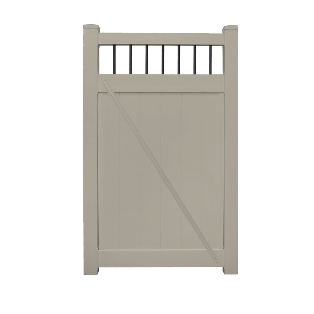 Khaki Bradford vinyl privacy fencing gate stock image