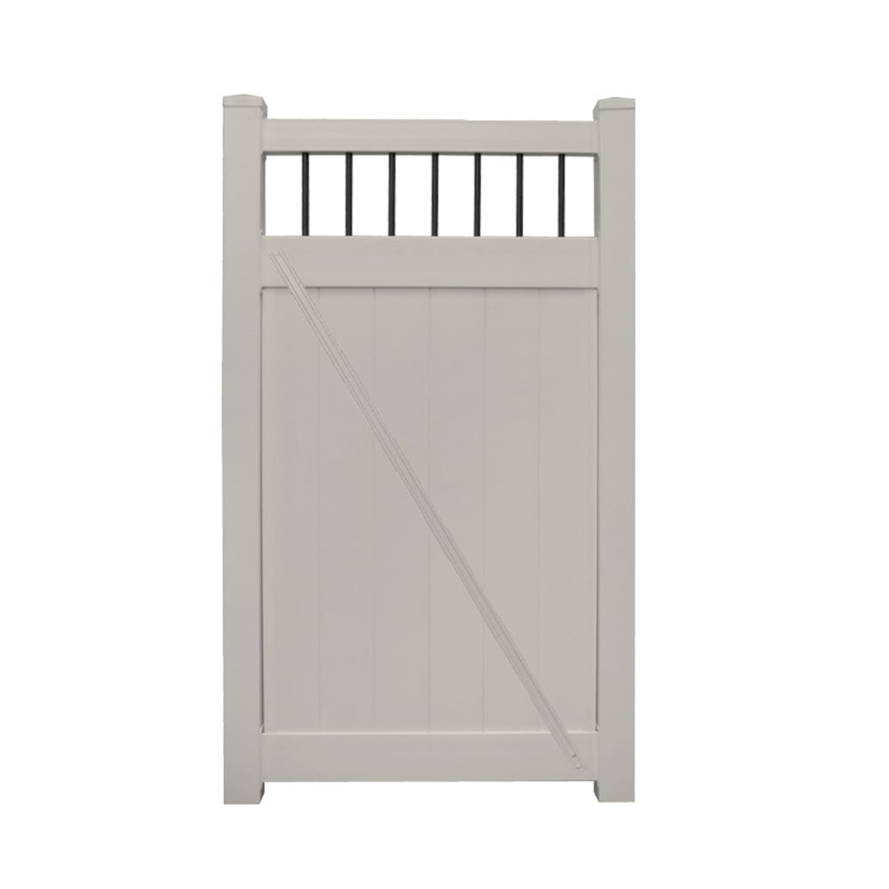Tan Bradford vinyl privacy fencing gate stock image