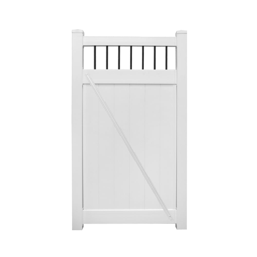 White Bradford vinyl privacy fencing gate stock image