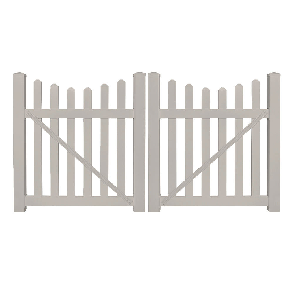 Tan Ellington vinyl picket fencing double gate stock image