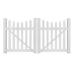 White Ellington vinyl picket fencing double gate stock image