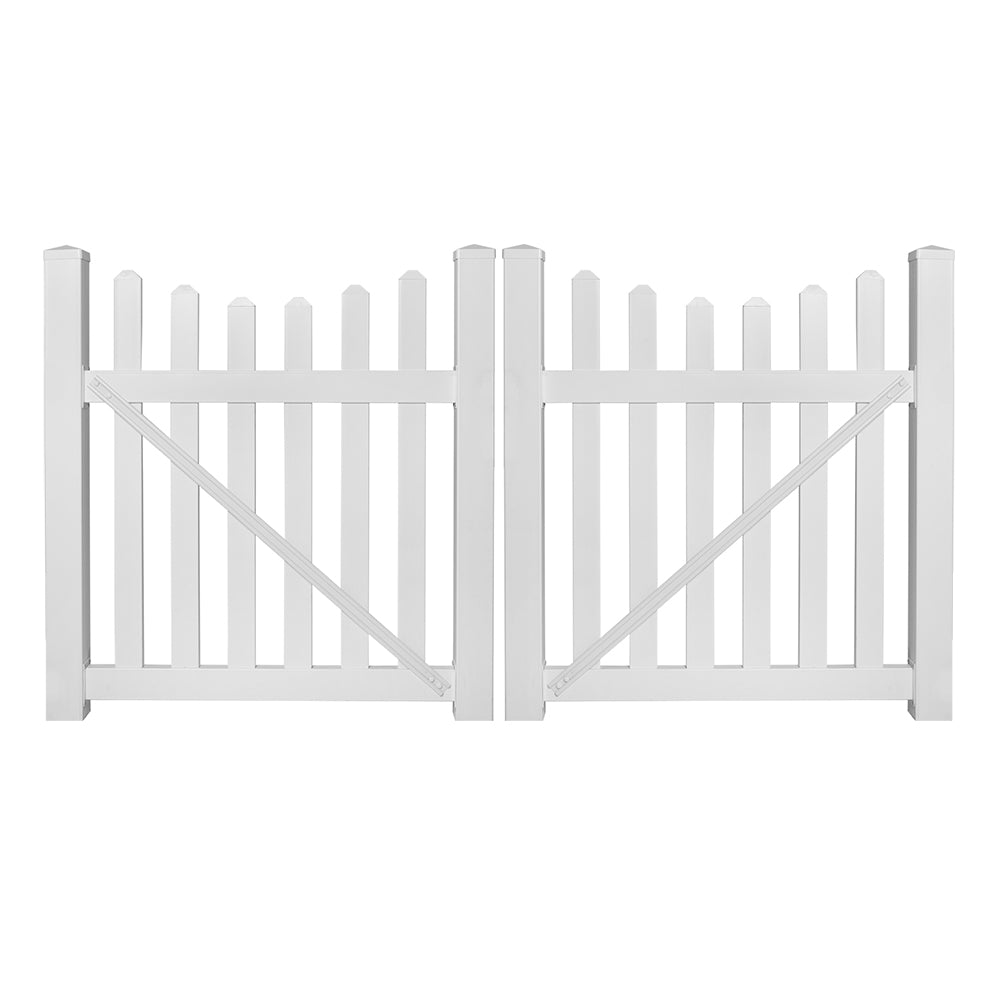 White Ellington vinyl picket fencing double gate stock image