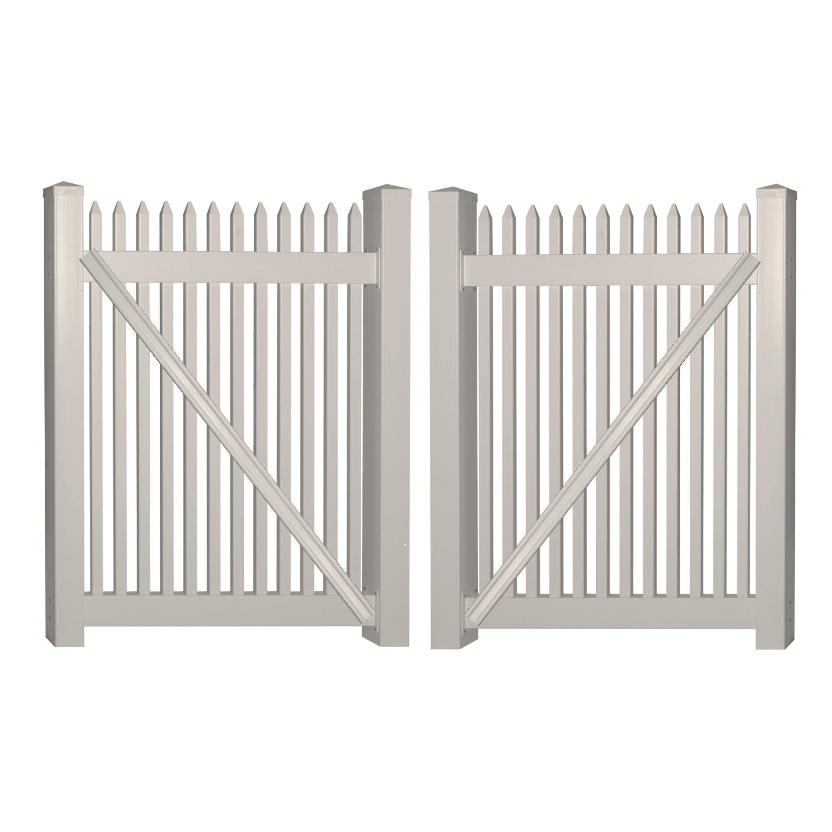 Tan Hartford vinyl picket fencing double gate stock image