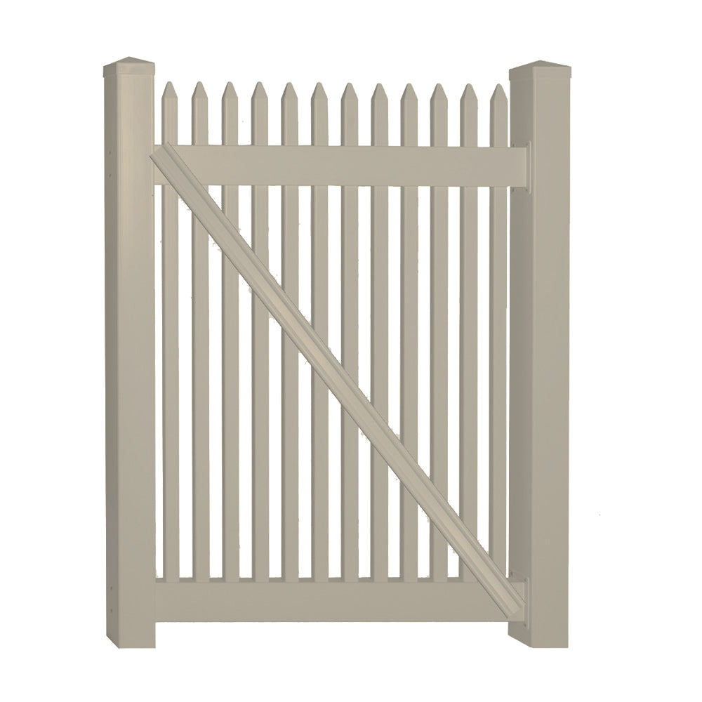 Khaki Hartford vinyl picket fencing gate stock image