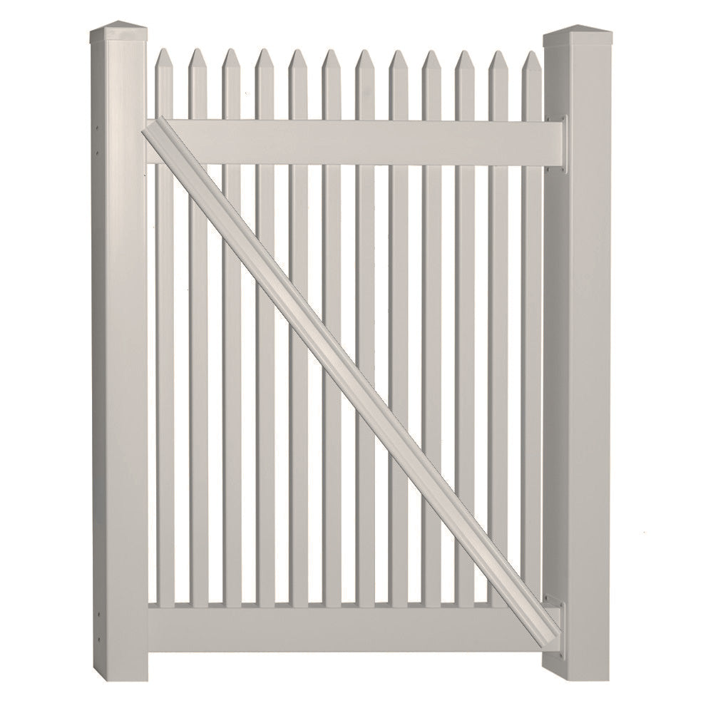 Tan Hartford vinyl picket fencing gate stock image