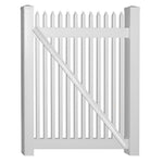 White Hartford vinyl picket fencing gate stock image
