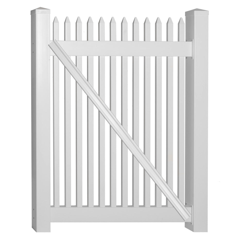 White Hartford vinyl picket fencing gate stock image