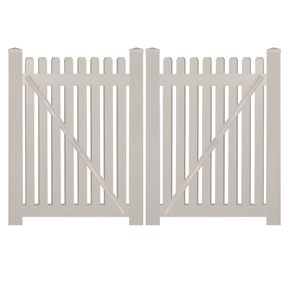 Tan Provincetown vinyl picket fencing double gate stock image