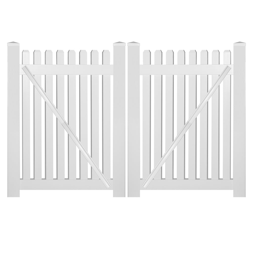 White Provincetown vinyl picket fencing double gate stock image