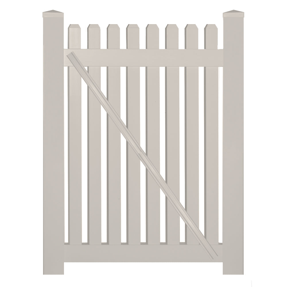 Tan Provincetown vinyl picket fencing gate stock image