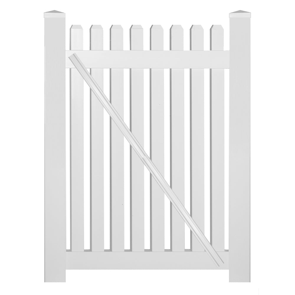 White Provincetown vinyl picket fencing gate stock image
