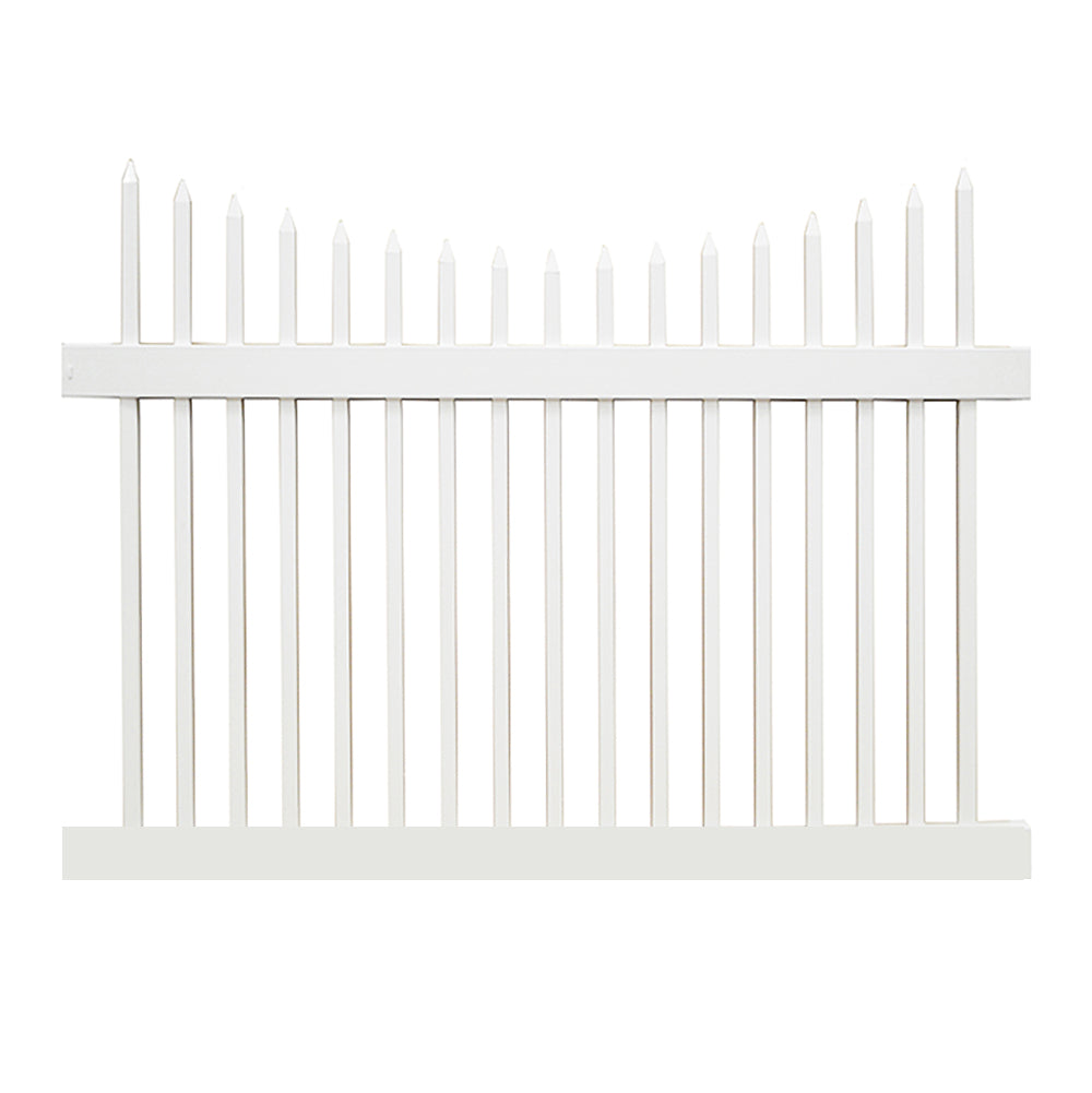 White Stratford vinyl picket fence stock image