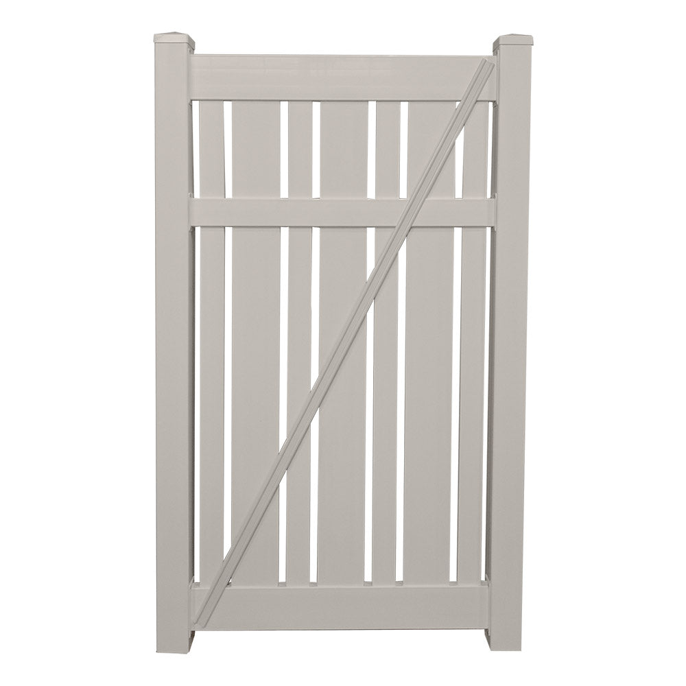 Tan Alden vinyl semi-privacy fencing gate stock image