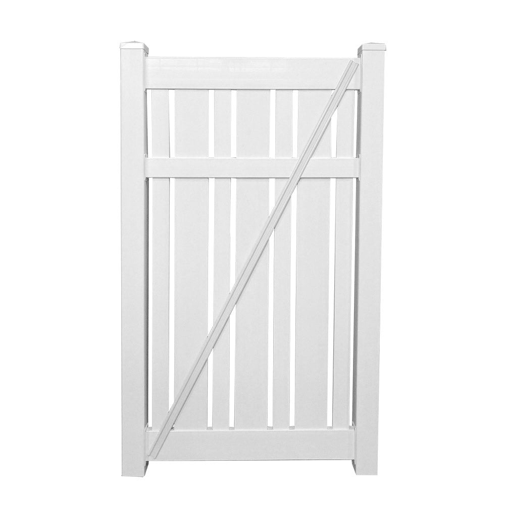 White Alden vinyl semi-privacy fencing gate stock image