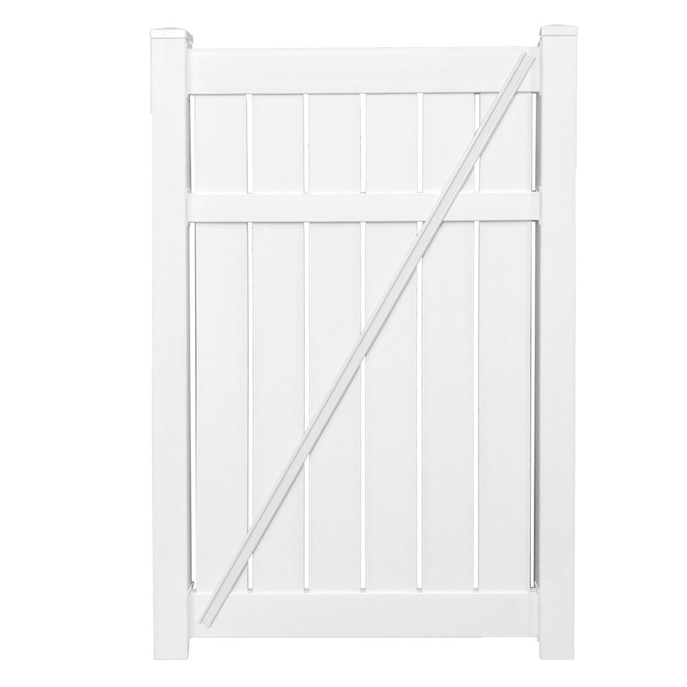 White Glendale vinyl semi-privacy fencing gate stock image
