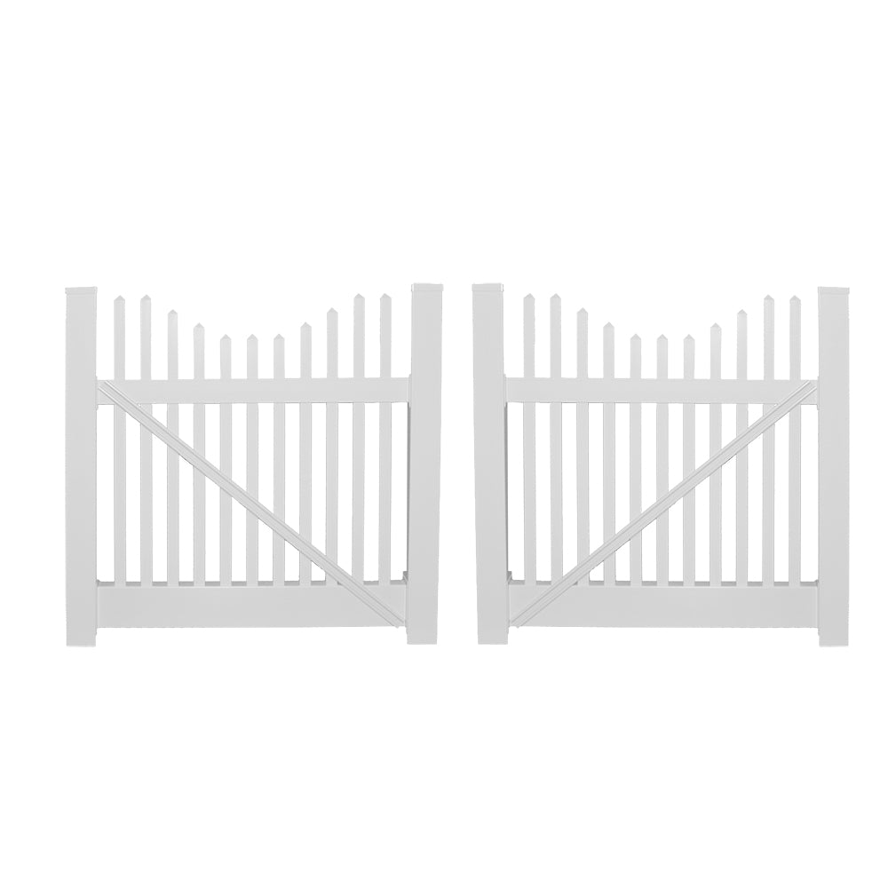 White Classic vinyl picket fencing double gate stock image