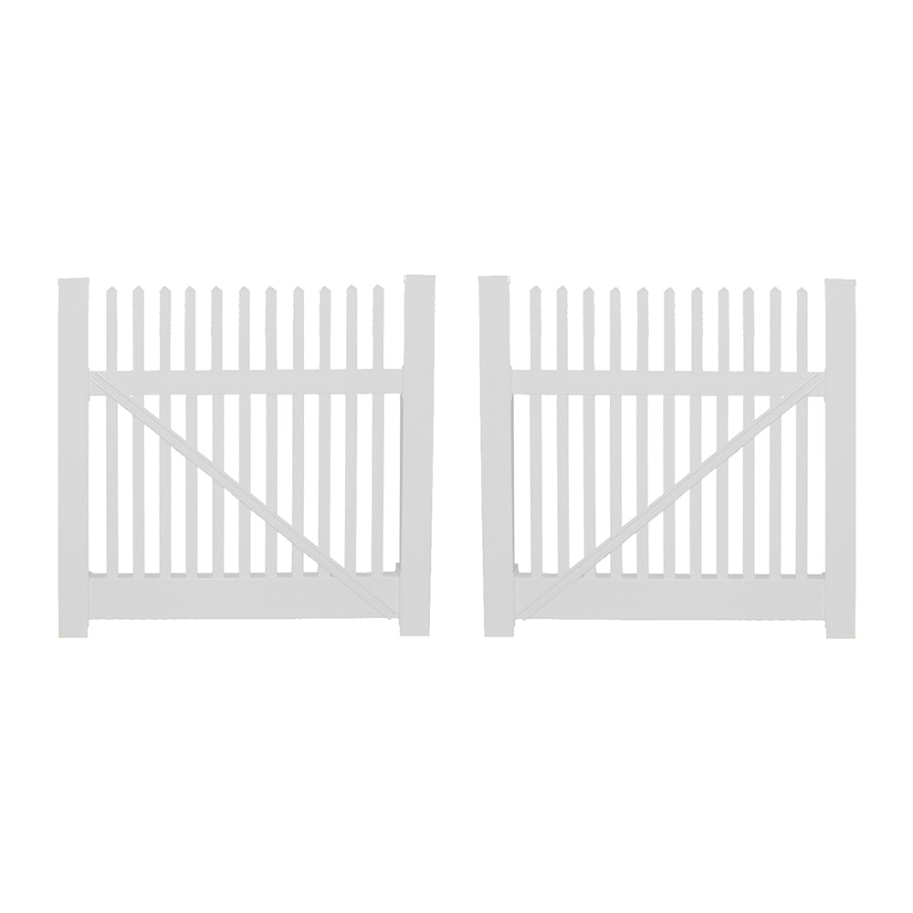 White Monterey vinyl picket fencing double gate stock image