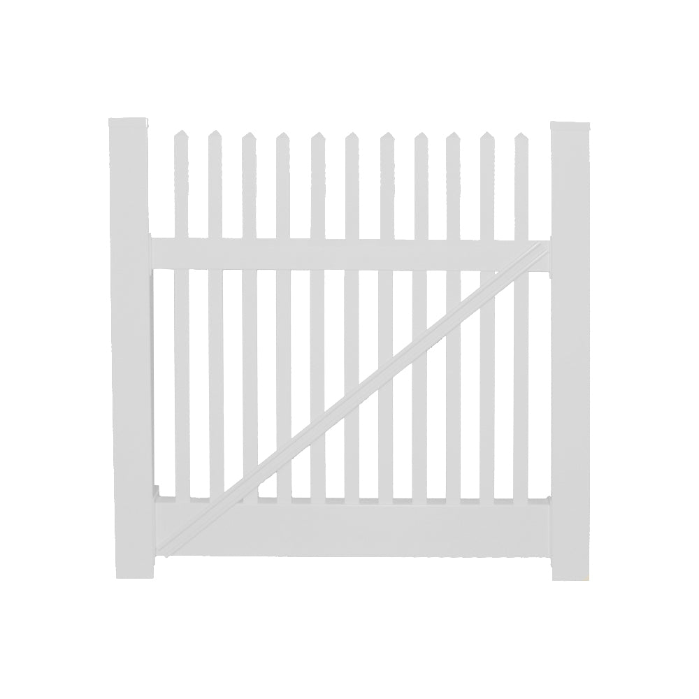 White Monterey vinyl picket fencing gate stock image