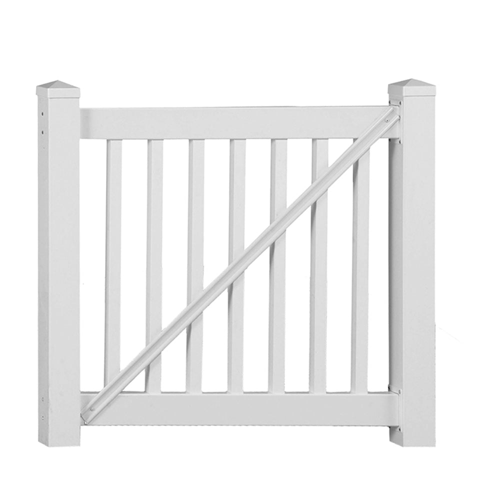 White Greenwich vinyl railing gate stock image