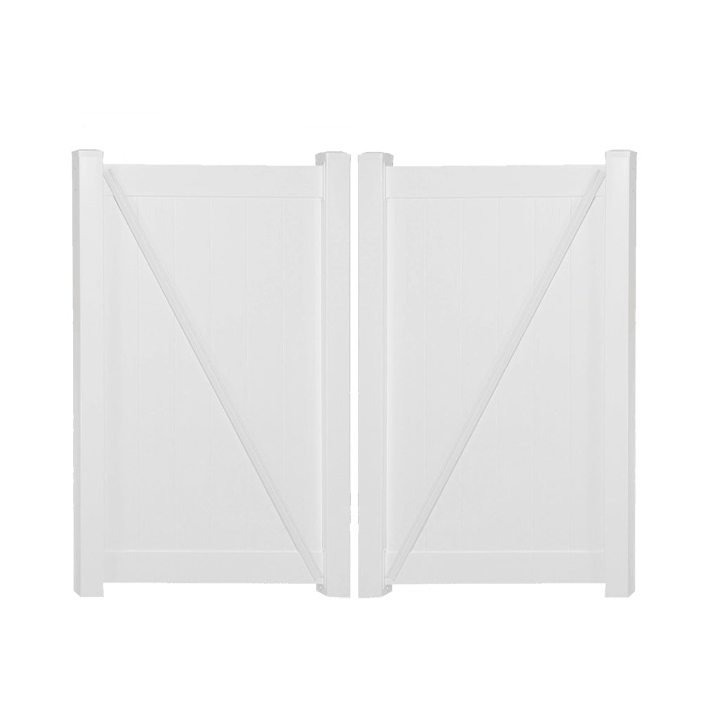 White Pembroke vinyl privacy fencing double gate stock image