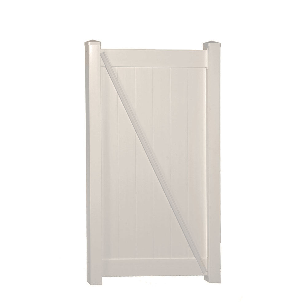 Tan Savannah vinyl privacy fencing gate stock image
