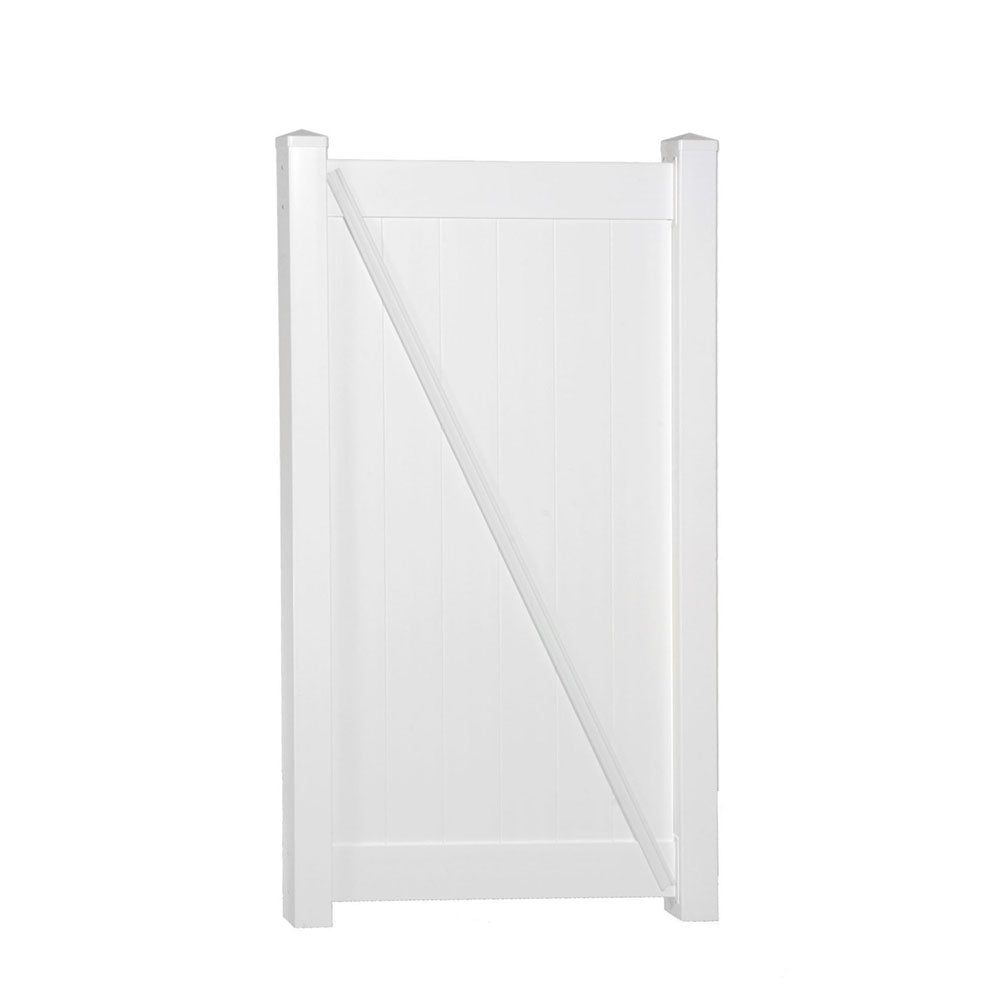 White Savannah vinyl privacy fencing gate stock image