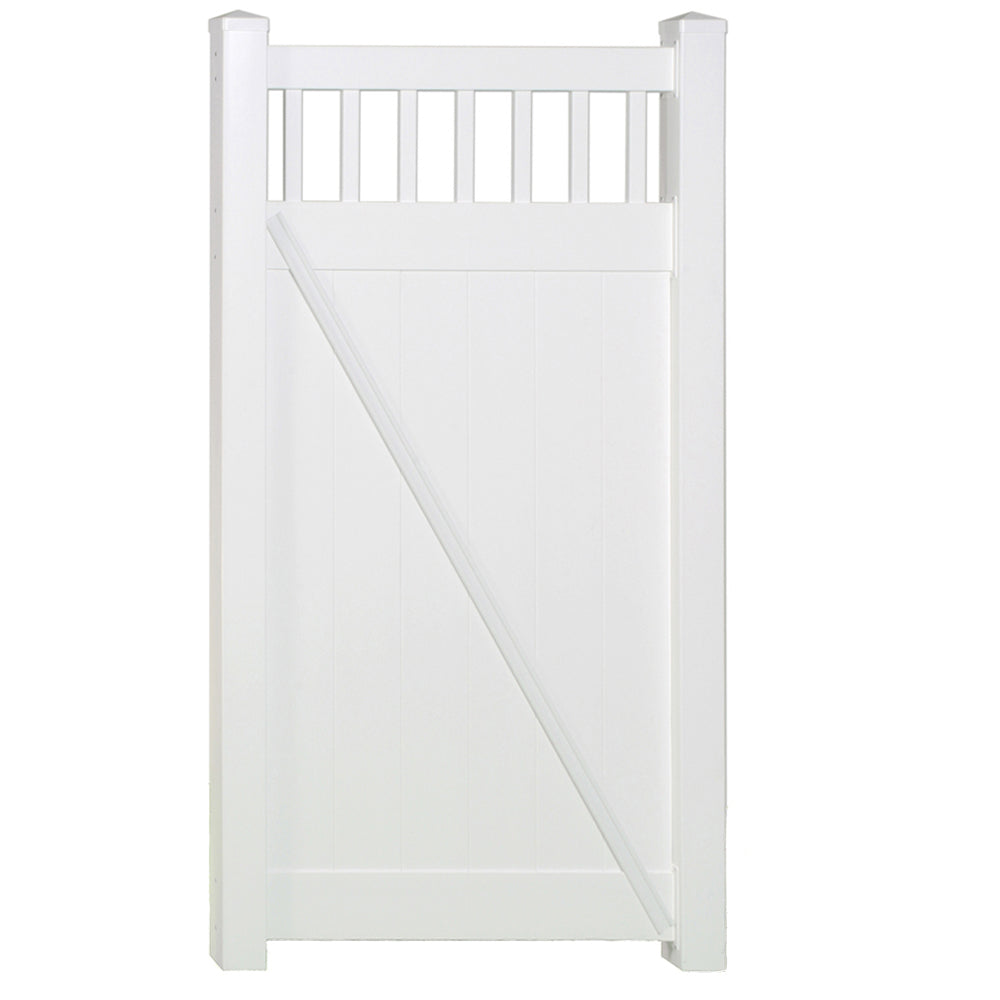 White Mason vinyl privacy fencing gate stock image