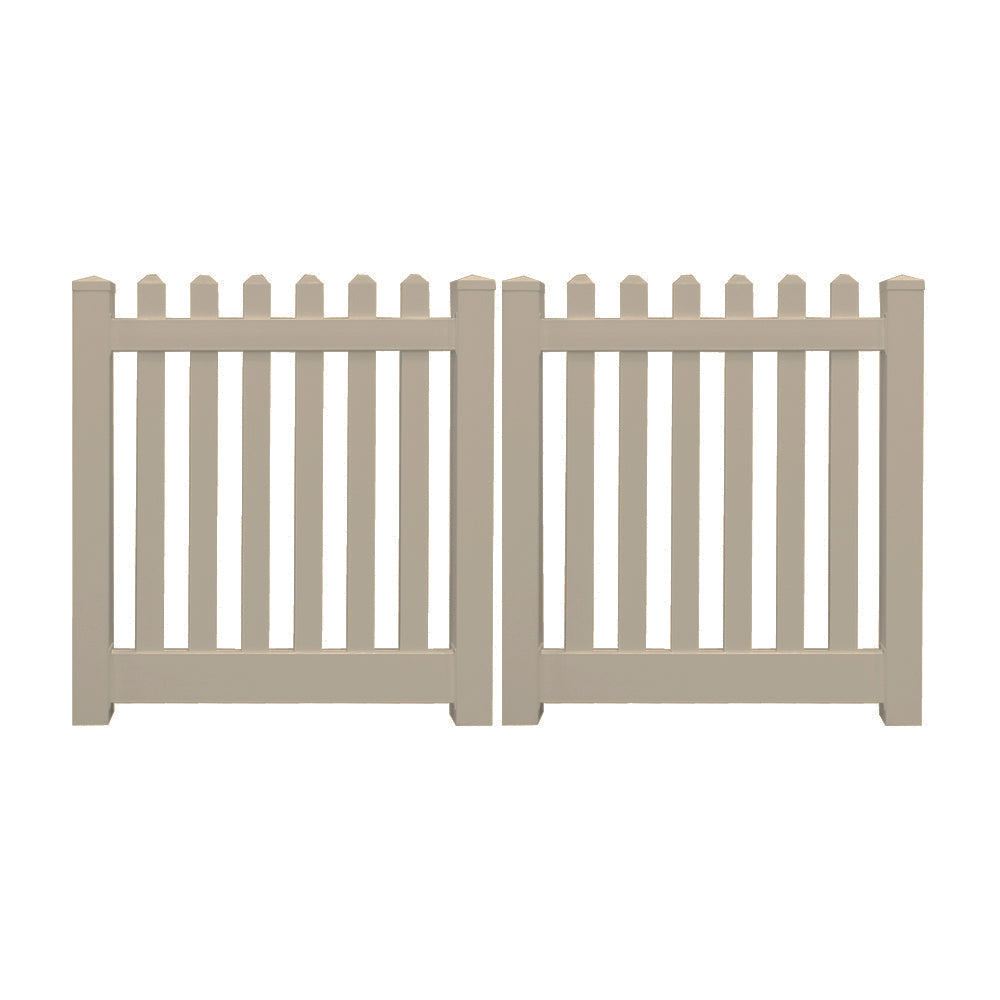 Khaki Plymouth vinyl picket fencing double gate stock image
