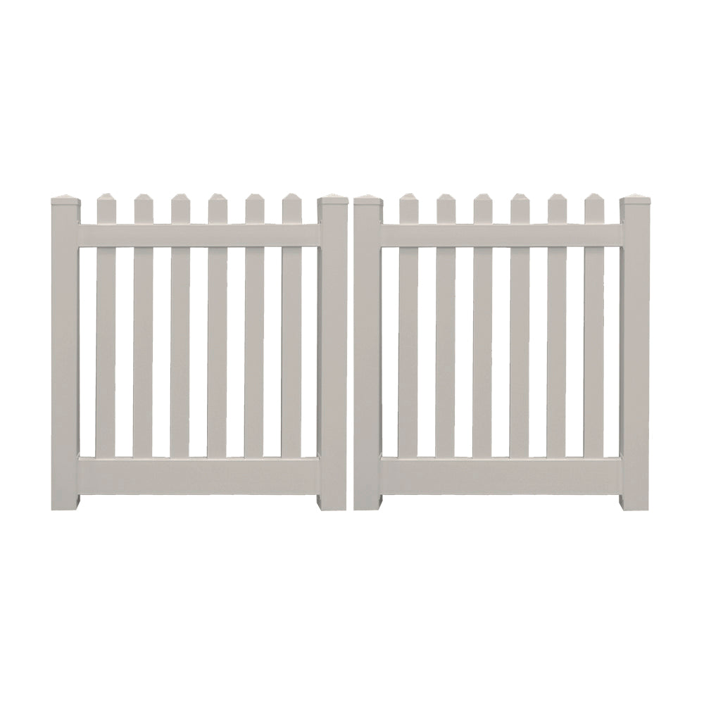 Tan Plymouth vinyl picket fencing double gate stock image