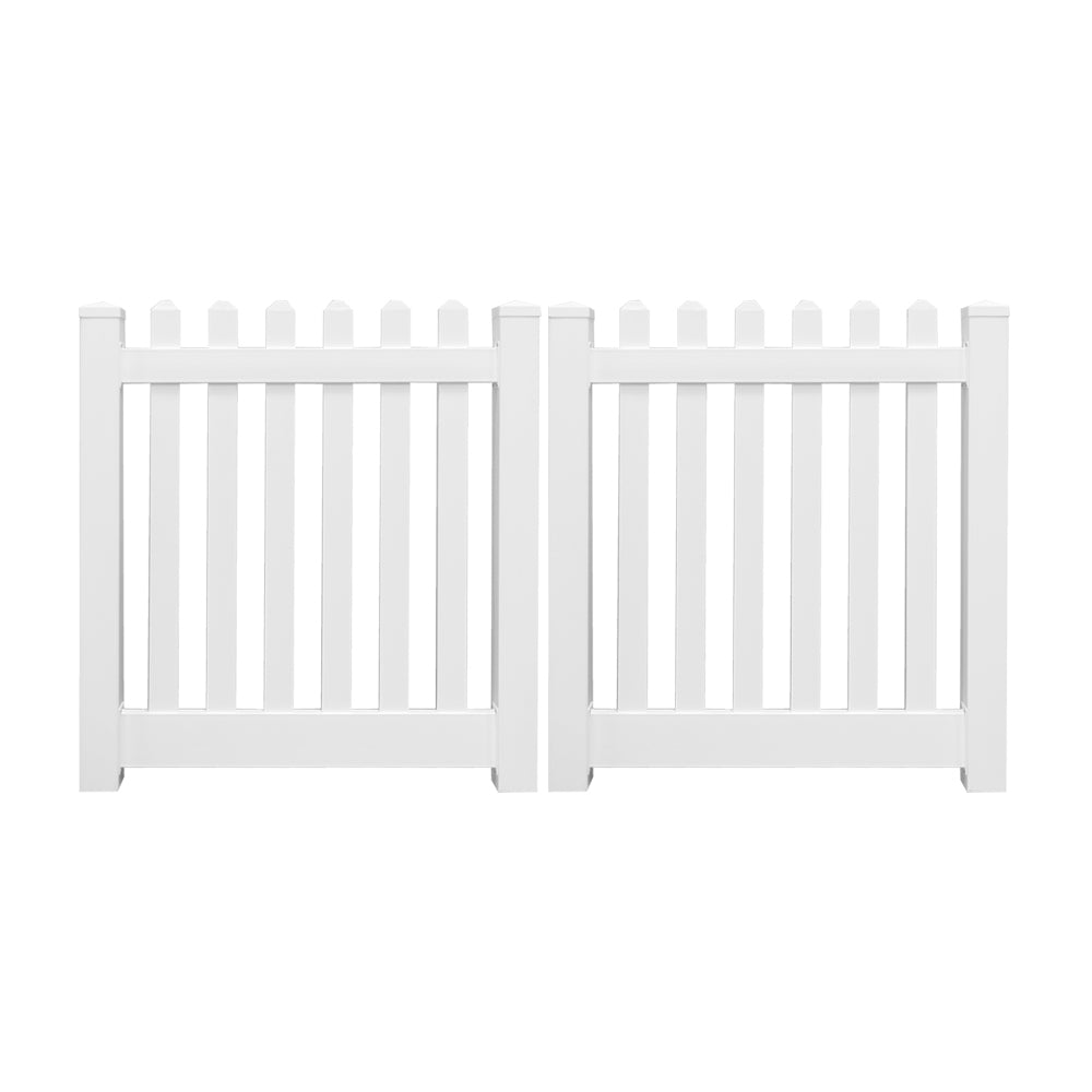 White Plymouth vinyl picket fencing double gate stock image