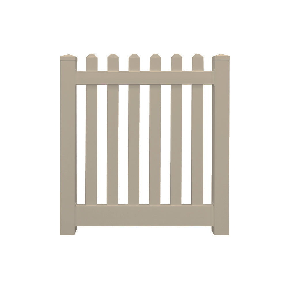 Khaki Plymouth vinyl picket fencing gate stock image