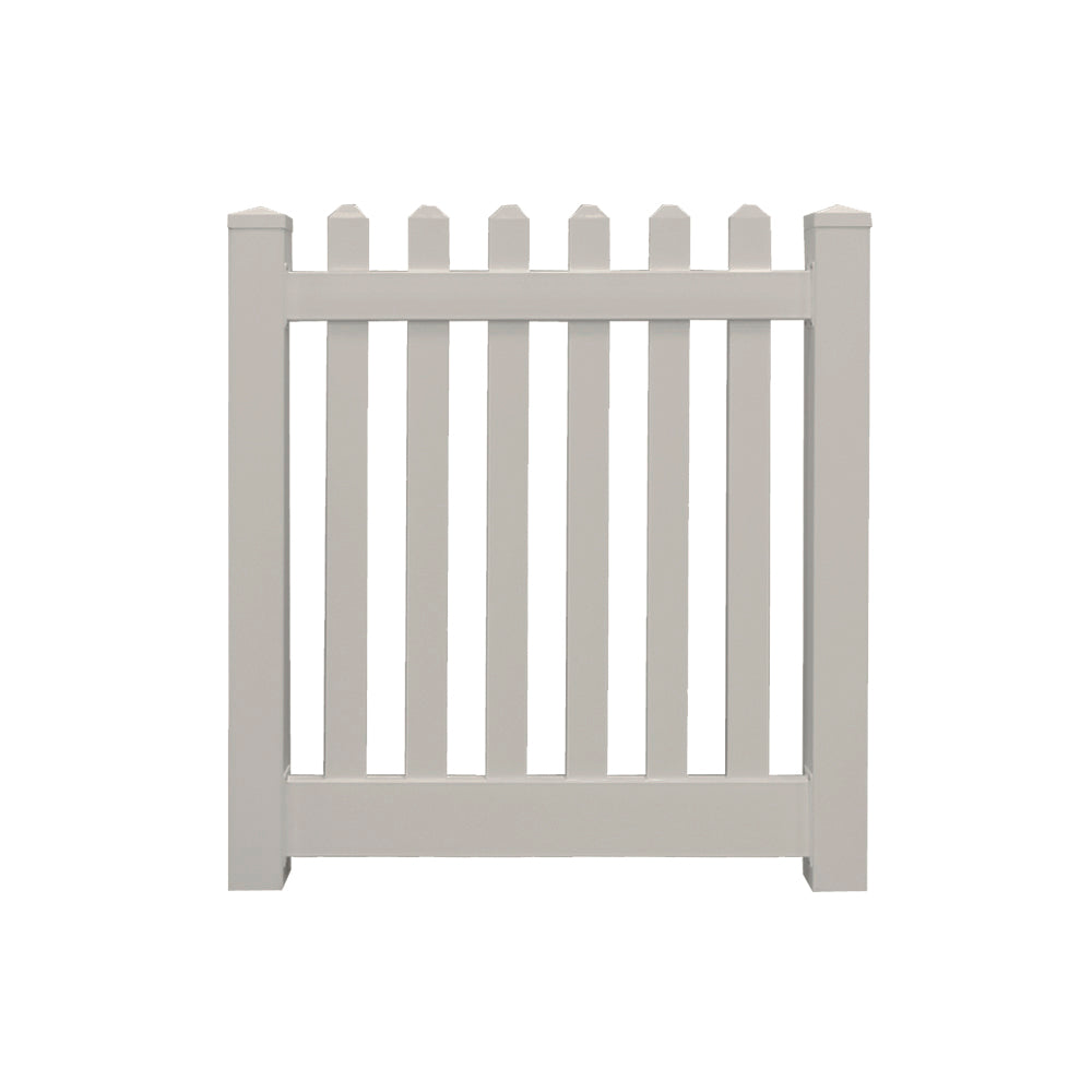 Tan Plymouth vinyl picket fencing gate stock image