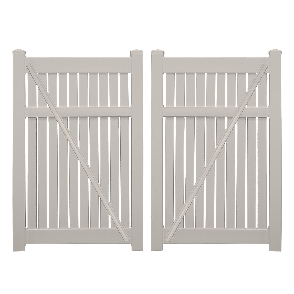 Tan Huntington vinyl semi-privacy fencing double gate stock image
