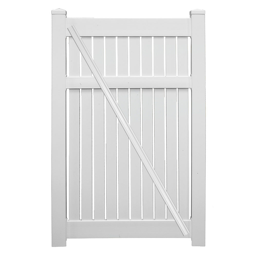 White Huntington vinyl semi-privacy fencing gate stock image
