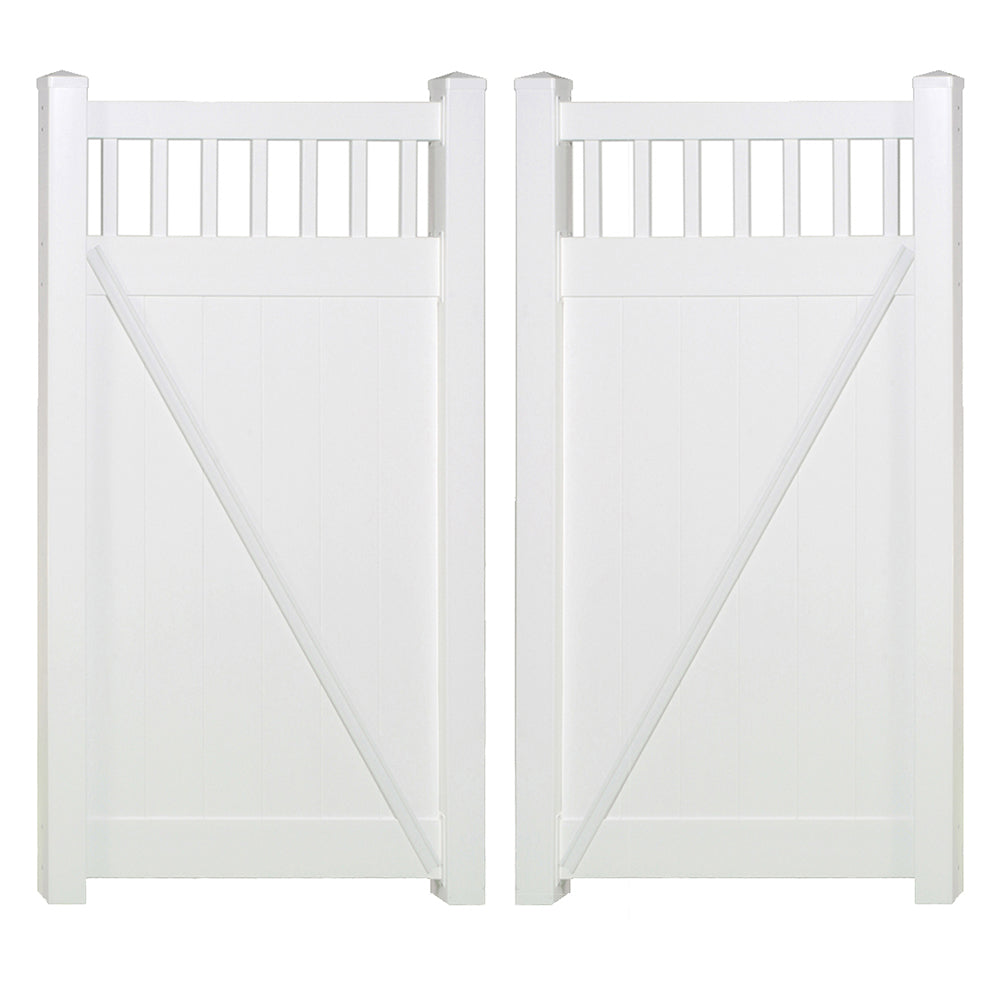 White Mason vinyl privacy fencing double gate stock image