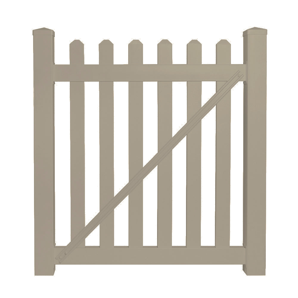 Khaki Chelsea vinyl picket fencing gate stock image