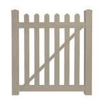 Khaki Chelsea vinyl picket fencing gate stock image