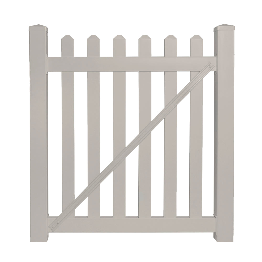 Tan Chelsea vinyl picket fencing gate stock image
