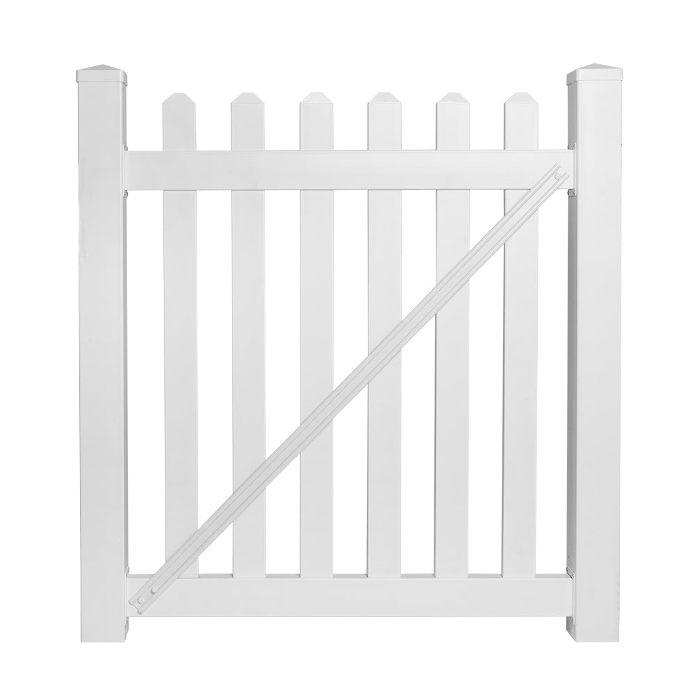 White Chelsea vinyl picket fencing gate stock image