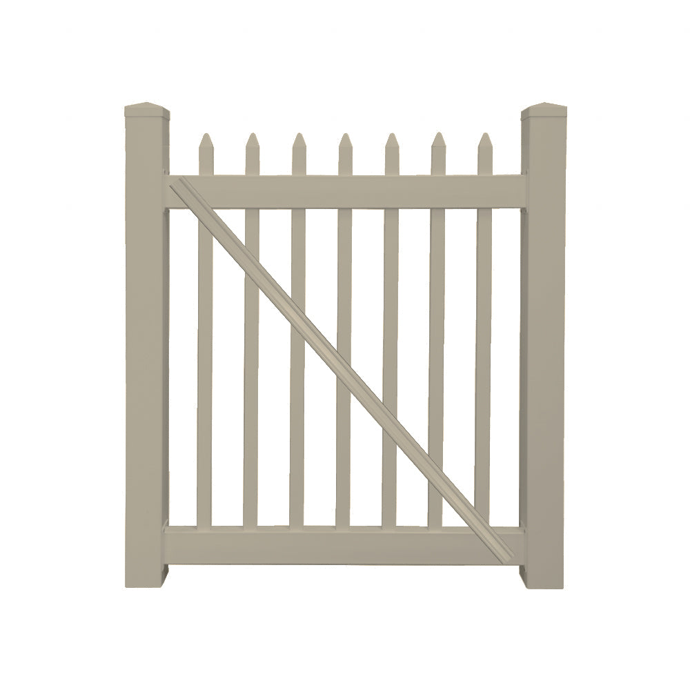 Khaki Abbington vinyl picket fencing gate stock image