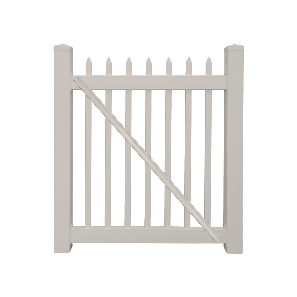 Tan Abbington vinyl picket fencing gate stock image