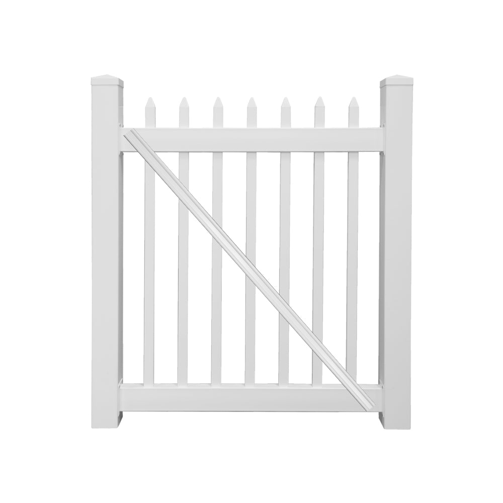 White Abbington vinyl picket fencing gate stock image