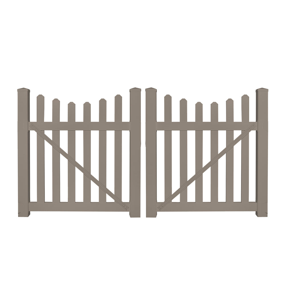 Khaki Ellington vinyl picket fencing double gate stock image