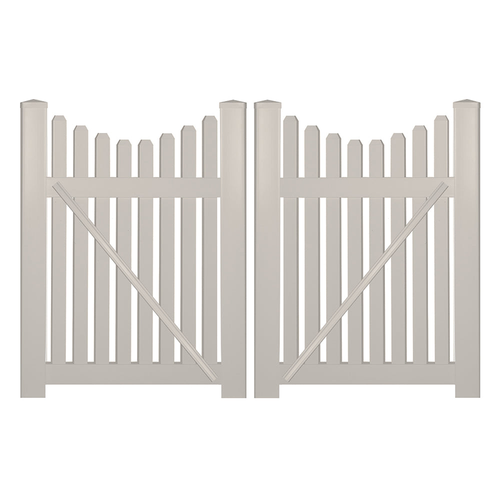 Tan Richmond vinyl picket fencing double gate stock image