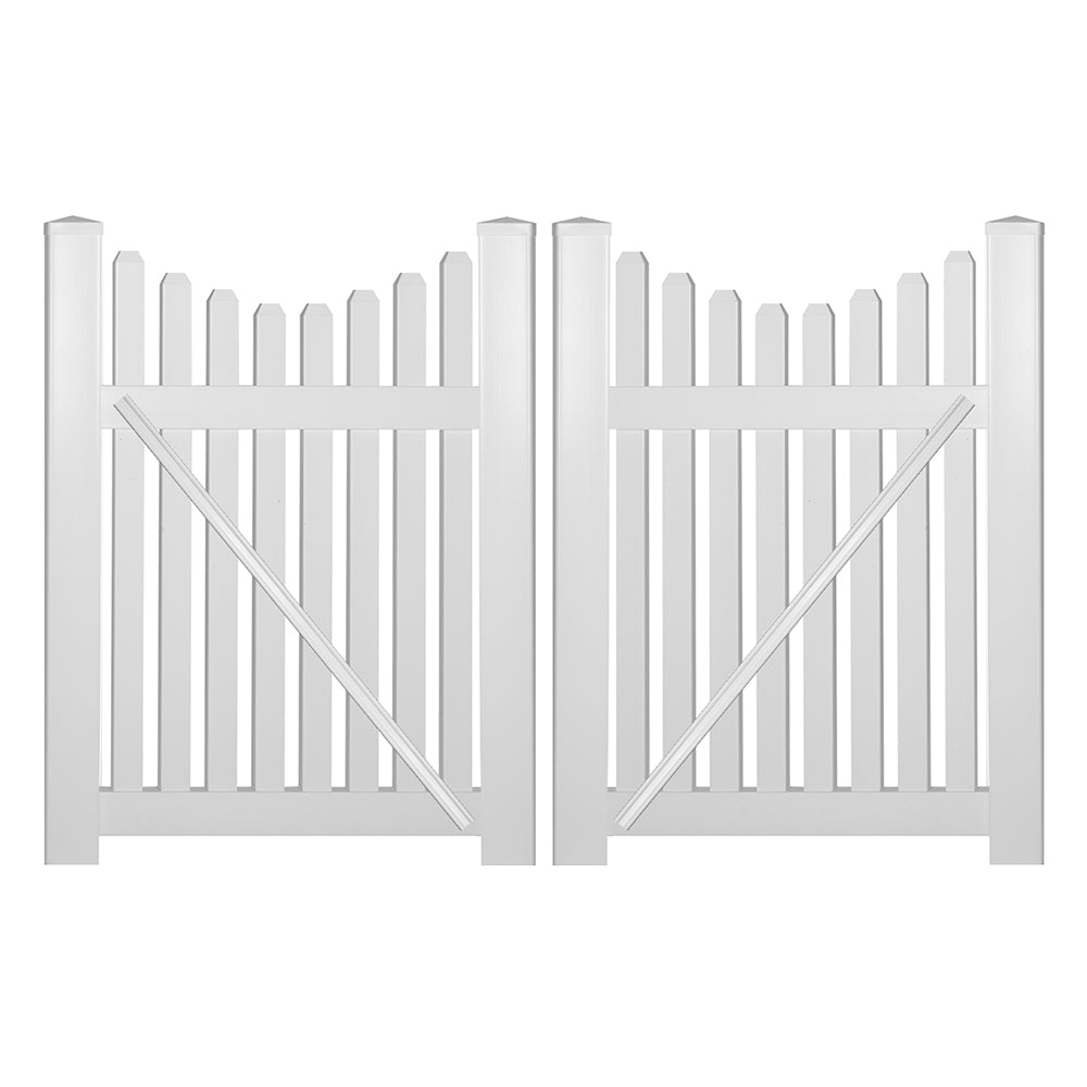 White Richmond vinyl picket fencing double gate stock image